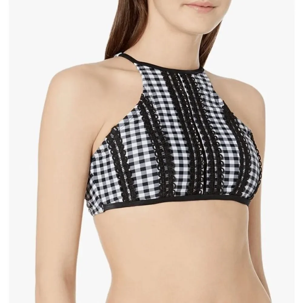 Betsey Johnson size L swim bikini top Gingham black/ white